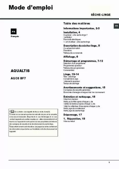 Mode d'emploi HOTPOINT AQC8 BF7 T1/