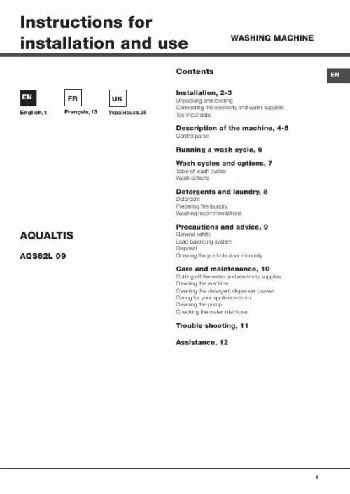 Mode d'emploi HOTPOINT AQS62L 09 EU