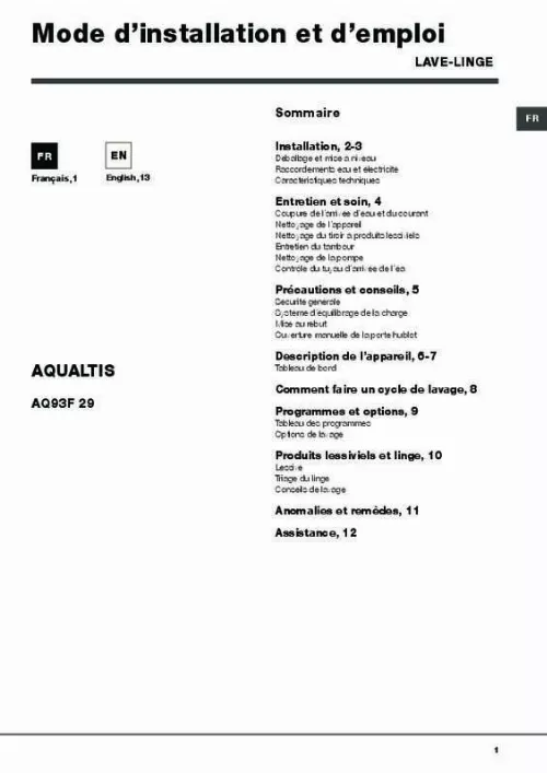 Mode d'emploi HOTPOINT AQUALTIS AQ93F29