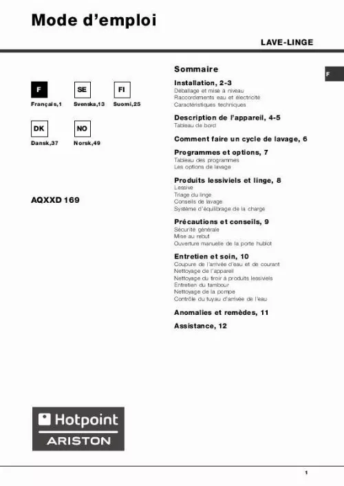 Mode d'emploi HOTPOINT AQXXD 169