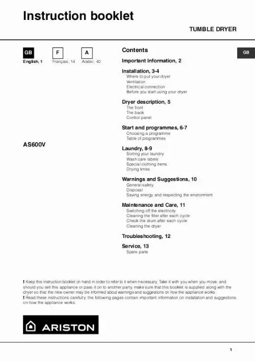 Mode d'emploi HOTPOINT AS600V EX 60