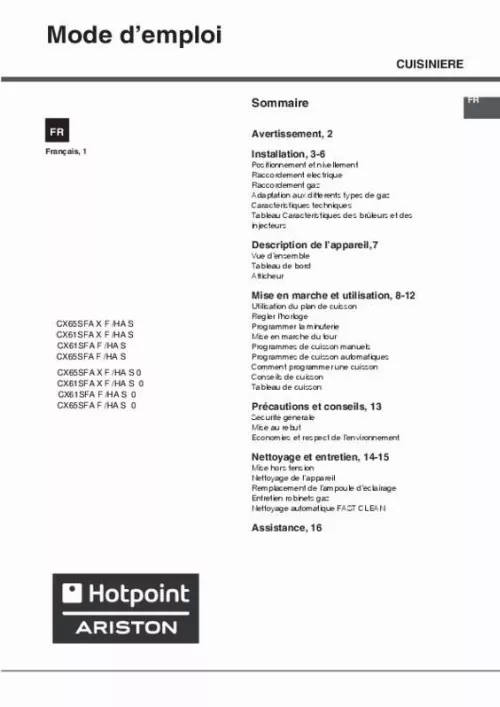 Mode d'emploi HOTPOINT CX61SFA X F /HA 0