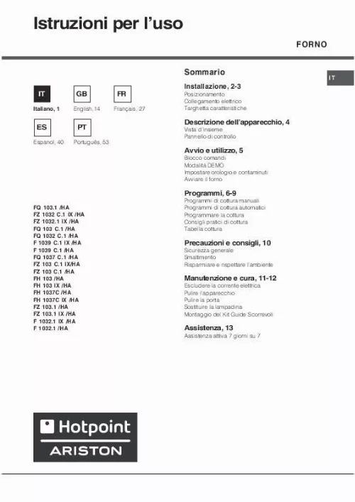 Mode d'emploi HOTPOINT F 1032.1 IX/HA