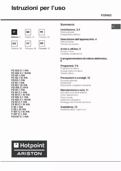 Mode d'emploi HOTPOINT F 937 C.1 IX/HA