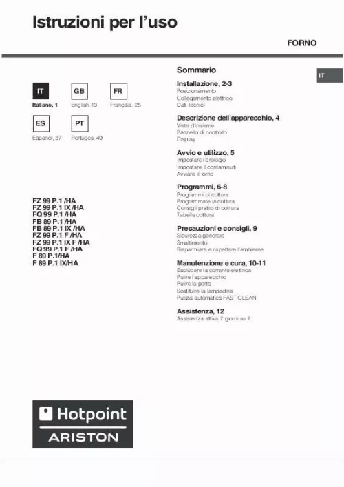 Mode d'emploi HOTPOINT FB 89 P.1 IX/HA