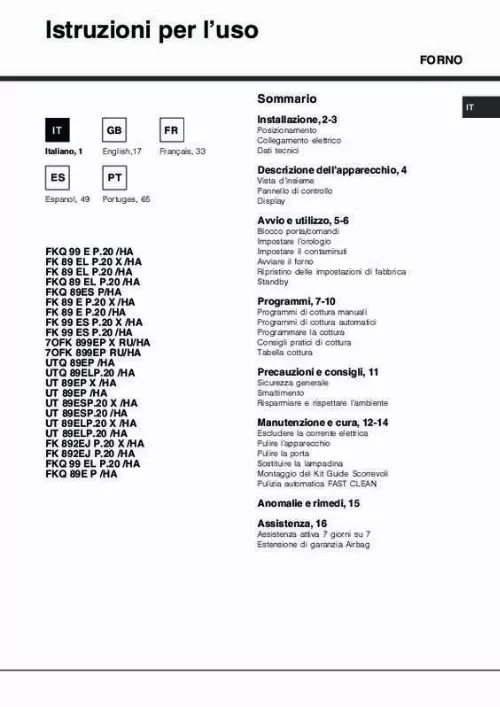 Mode d'emploi HOTPOINT FKQ 89E P HA K