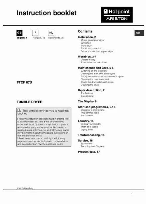 Mode d'emploi HOTPOINT FTCF 87B 6PY1