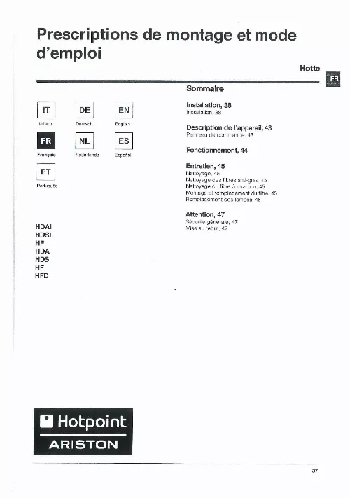 Mode d'emploi HOTPOINT HDA9TIX