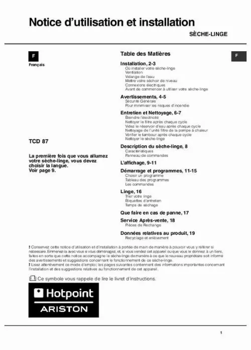 Mode d'emploi HOTPOINT TCD 871 6C1
