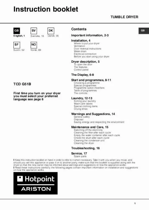 Mode d'emploi HOTPOINT TCD G51 B