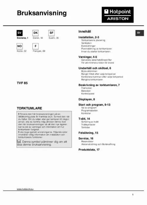 Mode d'emploi HOTPOINT TVF 85C P