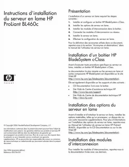 Mode d'emploi HP PROLIANT BL460C SERVER