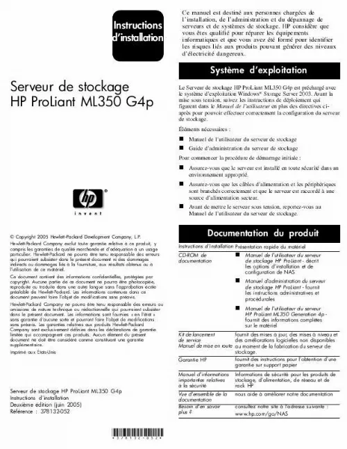 Mode d'emploi HP PROLIANT ML350 G4P STORAGE SERVER