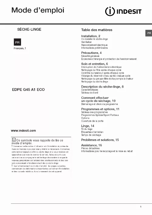 Mode d'emploi INDESIT EDPE G45 A2 ECO