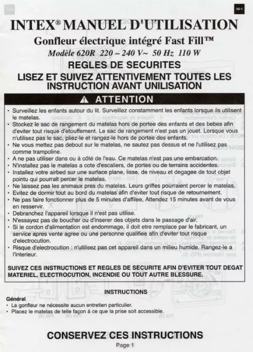 Mode d'emploi INTEX GONFLEUR ELECTRIQUE INTEGRE FAST FILL