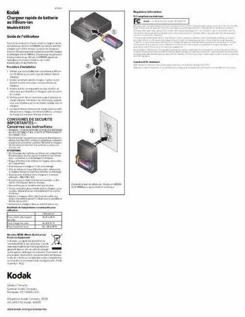 Mode d'emploi KODAK LI-ION RAPID BATTERY CHARGER K8500