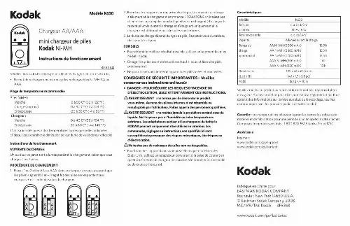 Mode d'emploi KODAK NI-MH COMPACT BATTERY CHARGER K630