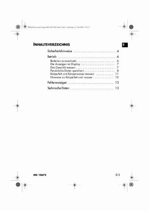 Mode d'emploi MEDION BODY FAT SCALE MM 10672