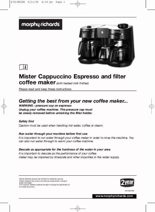 Mode d'emploi MORPHY RICHARDS MISTER CAPPUCINO EXPRESSO AND FILTER COFFEE MAKER