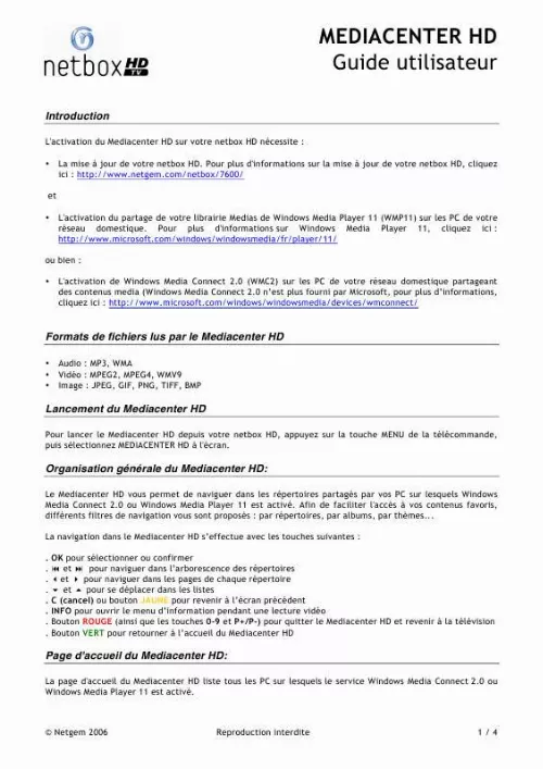 Mode d'emploi NETGEM MEDIACENTER HD