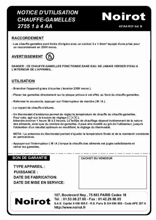 Mode d'emploi NOIROT CHAUFFE-GAMELLES