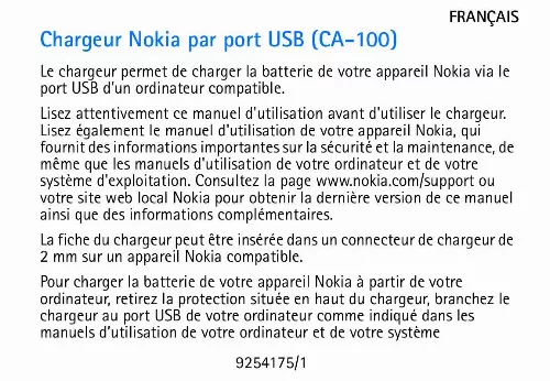 Mode d'emploi NOKIA CHARGER VIA USB PORT CA-100