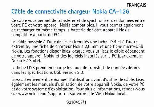 Mode d'emploi NOKIA CHARGING CONNECTIVITY CABLE CA-126