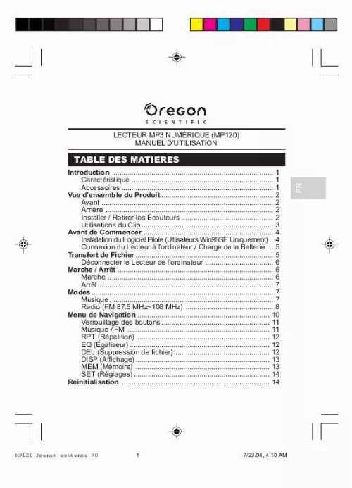 Mode d'emploi OREGON SCIENTIFIC MP3 ÉTANCHE