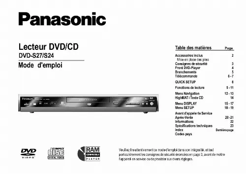 Mode d'emploi PANASONIC DVD-S24EG