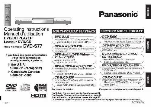 Mode d'emploi PANASONIC DVD-S77