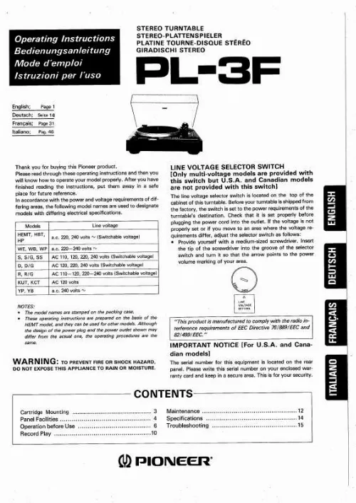 Mode d'emploi PIONEER PL-3F