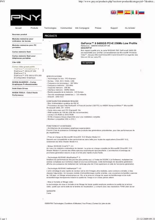 Mode d'emploi PNY GEFORCE 8400GS PCI-E LOW PROFILE