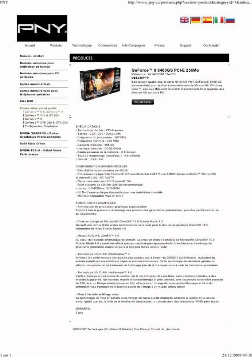 Mode d'emploi PNY GEFORCE 8400GS PCI-E