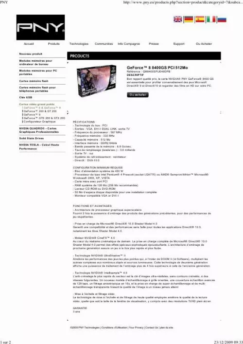 Mode d'emploi PNY GEFORCE 8400GS PCI