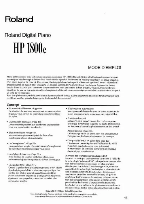 Mode d'emploi ROLAND HP-1800E