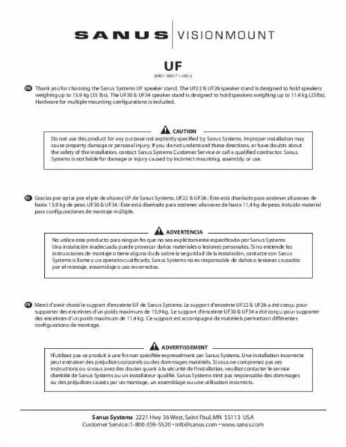 Mode d'emploi SANUS ULTIMATE FOUNDATIONS-UF22 UF26 UF30 UF34