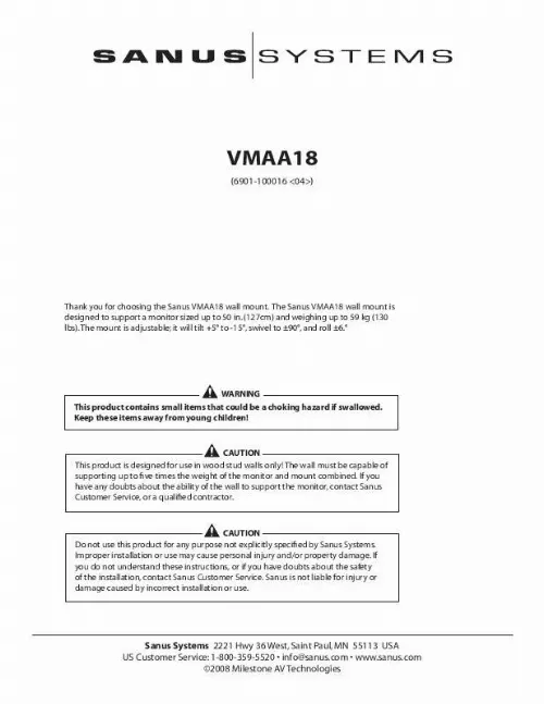 Mode d'emploi SANUS VISIONMOUNT FLAT PANEL WALL MOUNT-VMAA18