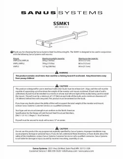 Mode d'emploi SANUS VISIONMOUNT STEEL STUD MOUNTING KIT-SSMK1