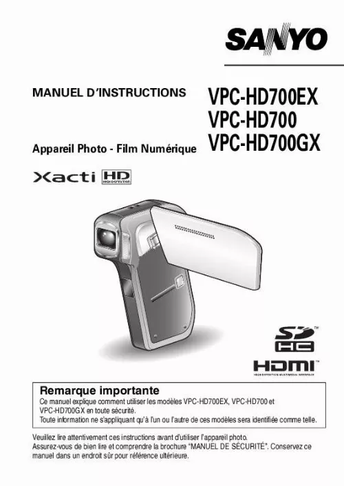 Mode d'emploi SANYO XACTI VPC-HD700