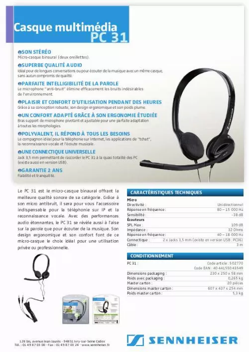 Mode d'emploi SENNHEISER PC 31