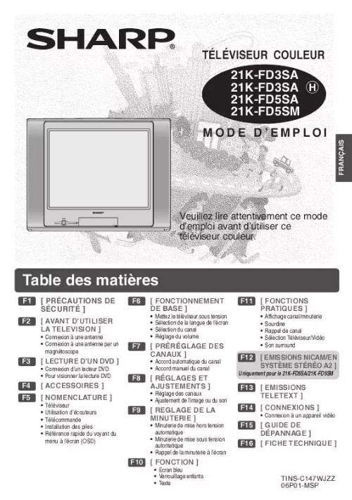 Mode d'emploi SHARP 21K-FD3SA/FD3SAH/FD5SA/FD5SM