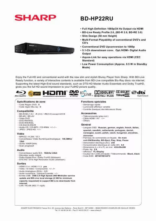 Mode d'emploi SHARP BD-HP22