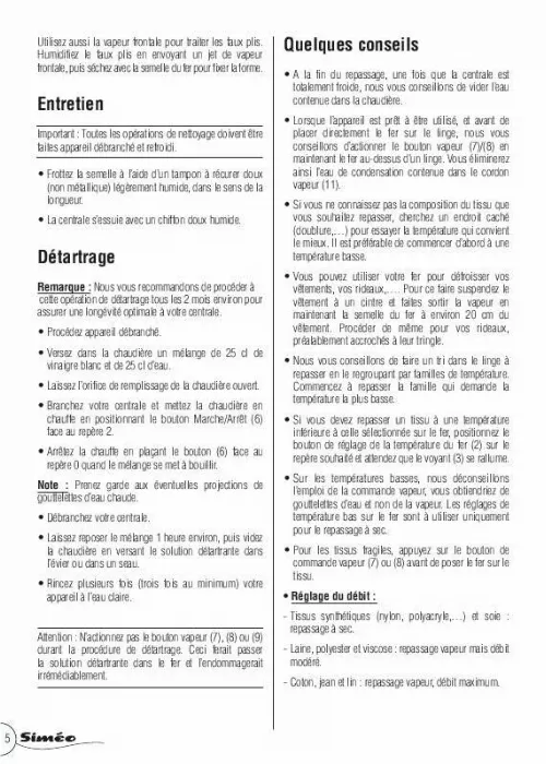 Mode d'emploi SIMEO CENTRALE VAPEUR SL 504