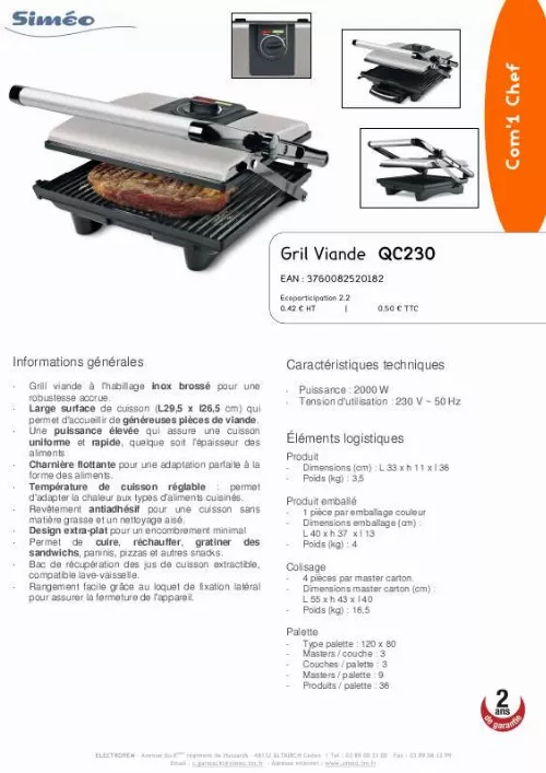 Mode d'emploi SIMEO GRIL VIANDE QC 230