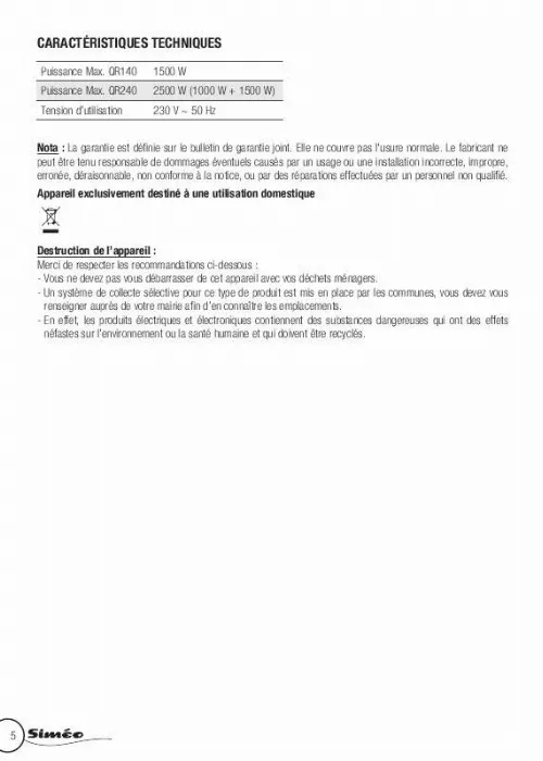 Mode d'emploi SIMEO RECHAUD QR 140