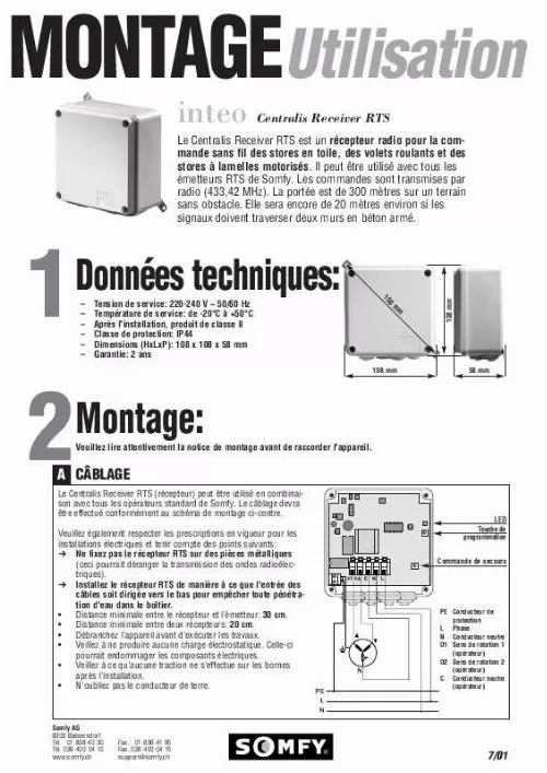 Mode d'emploi SOMFY INTEO CENTRALIS RECEIVER RTS