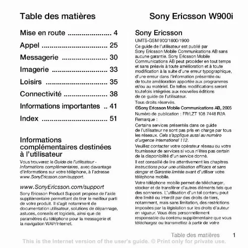 Mode d'emploi SONY ERICSSON W900I
