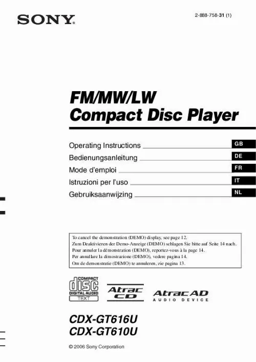 Mode d'emploi SONY CDX-GT616U