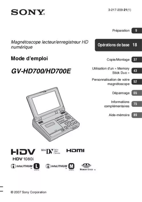 Mode d'emploi SONY GV-HD700E