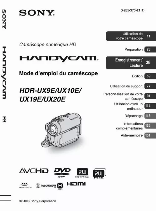 Mode d'emploi SONY HDR-UX10